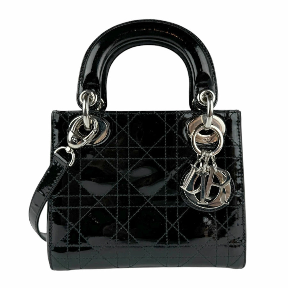 Christian Dior Lady 2way Shoulder Bag Patent Vernis leather black silver